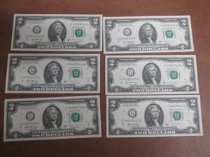 6 UNCIRCULATED Consecutive Serial Number $2.00 Bills  All lots in this auction came from the same bundle, lotted consecutively