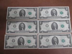6 UNCIRCULATED Consecutive Serial Number $2.00 Bills  All lots in this auction came from the same bundle, lotted consecutively