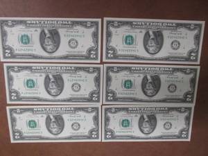 6 UNCIRCULATED Consecutive Serial Number $2.00 Bills  All lots in this auction came from the same bundle, lotted consecutively