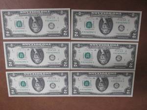 6 UNCIRCULATED Consecutive Serial Number $2.00 Bills  All lots in this auction came from the same bundle, lotted consecutively