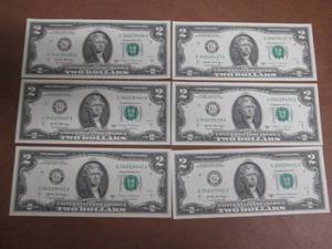 6 UNCIRCULATED Consecutive Serial Number $2.00 Bills  All lots in this auction came from the same bundle, lotted consecutively