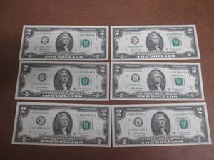6 UNCIRCULATED Consecutive Serial Number $2.00 Bills  All lots in this auction came from the same bundle, lotted consecutively