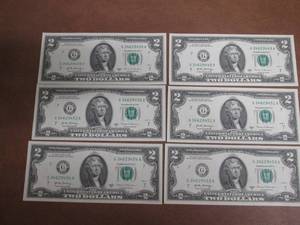 6 UNCIRCULATED Consecutive Serial Number $2.00 Bills  All lots in this auction came from the same bundle, lotted consecutively