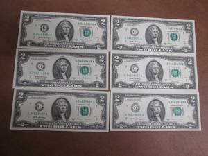 6 UNCIRCULATED Consecutive Serial Number $2.00 Bills  All lots in this auction came from the same bundle, lotted consecutively