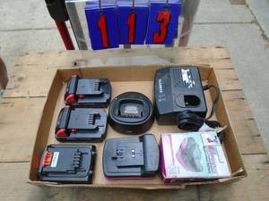 lot 113 image: Flat of batteries & chargers. Condition unknown. As shown.