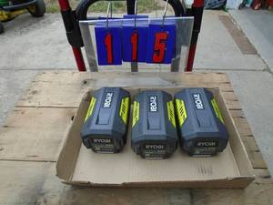 lot 115 image: Qty of 3 Ryobi 40 volt batteries. Untested. As shown.