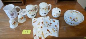 lot 41 image: Jewel Tea Autumn Leaf - Salt and Pepper sets, covered bowl and 100th Anniversary coffee cup