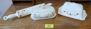 lot 52 image: Jewel Tea Autumn Leaf - Rolling pin, butter dish and big butter dish