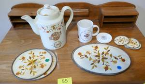 lot 55 image: Jewel Tea Autumn Leaf - 100th anniversary coffee pot, cup, and some papertin hot pads