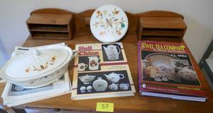 lot 57 image: Jewel Tea Autumn Leaf - covered dish and books with pricing
