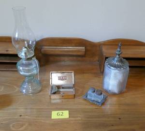 lot 62 image: Vintage items - oil lantern, GEM razor, octagon dish with pewter cover, mini salt and pepper
