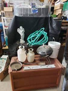 Large Patio Storage Box, Small Grill, Sprayers, Hose, Garden Decor and More