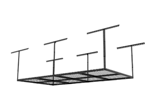 lot 84 image: FLEXIMOUNTS Adjustable Height Overhead Ceiling Mount Garage Rack in Black (96 in. W x 48 in. D) Model # GR48B-E Store SKU # 1007967971
