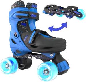 lot 91 image: 2 In 1 Combo Neon Quad Kids Skates, Adjustable Size 12-2 US, One-Pair, Unisex, Blue Black NEW