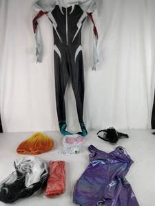lot 308 image: Assortment of Kids Size Medium Spider Woman Costume, Wigs, Witch Hat Headband, Etc.