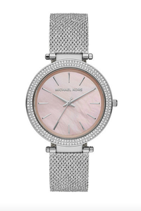 lot 291 image: NEW Michael Kors Womens Darci Crystal Pink Mother-of-Pearl Dial Silvertone Stainless Steel Mesh Bracelet Watch