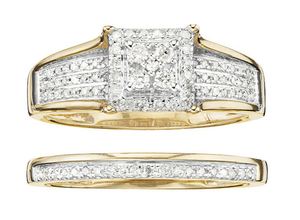 lot 292 image: Promise of Love 10K Gold 13 ct tw Diamond Pave 3-Row Square Halo Bridal Set - Size 8
