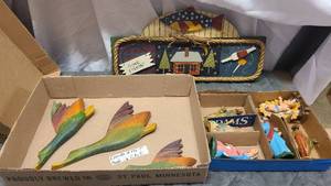 Vintage Nativity Scene dolls and wooden artwork