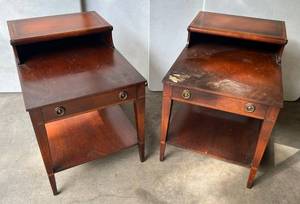Two Vintage Leather Top End Tables With Drawer  27D x 19 W x 20 T