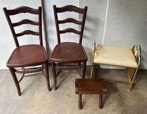 Two Antique Wooden Chairs, Primitive Small Wood Stool & Brass Stool