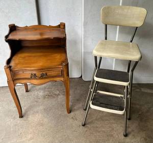 Ornate Solid Appalachian Beech Wood Side Table With Dovel Tail Drawer ( 29T x 18W x 15D & Vintage Chair Step Stool