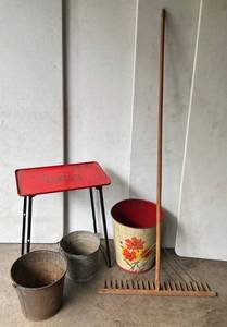 Misc. Vintage Items Including Wooden Rake, Tin Litho Trash Can, Two Way Hostess Table & More