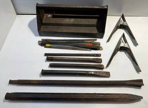 Misc. Large Metal Chisels 24 And Under & Hacksaw Blades In Metal Tool Tray
