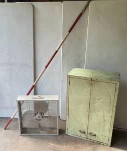 Metal Cabinet, Box Fan & Vintage Gas Measuring Stick