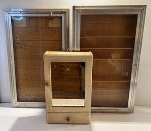 Two Glass Front Shadow Boxes & Vintage Etched Mirror Medicine Cabinet Shadow Boxes 34 14 x 21 1 3 D 1 1 D With Vintage Keys