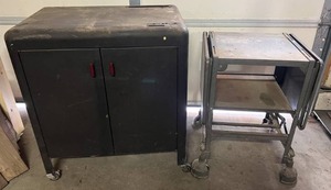 Heavy Metal Rolling Industrial Cabinet With Side Pull Out (29W x 20D x 32T) And Small Rolling Drop Leaf Metal Cart ( 20W Leafs Down 46W Leafs Up x 17 34D x 26 12T)  (Great For Scroll Saws)