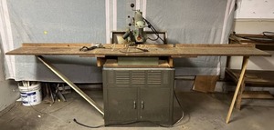 Vintage AMF DEWalt Radial Arm Saw With Cabinet Stand And Folding Side Supports Measure 107 12 L Sides Up 37 Sides Down x 36D x 57T (Bring Large Truck Or Trailer & Help To Load)