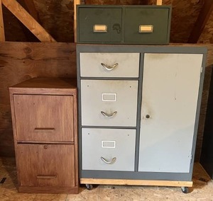 Three Misc. Metal Cabinets 1 Two Drawer File Cabinet, Two Drawer Metal Storage & Three Drawer With A Door And Safe (Have Combination)