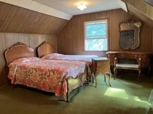 Stunning Antique Solid Wood  French Provincial Style Bed Set Including Two Twin Beds, Small Two Drawer Side Table & Vanity (Both With Dovetail Drawers), Bench And Mirror