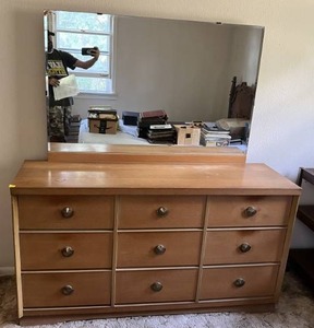Mid Century 9 Drawer Wood Dresser With Mirror 58 14L x 18 14D x 31 12T