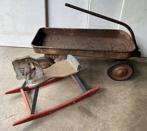 Vintage Metal Wagon And Rocking Horse