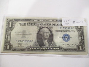 3 - AU 1935A $1 Silver Certificates. Very Crisp Notes