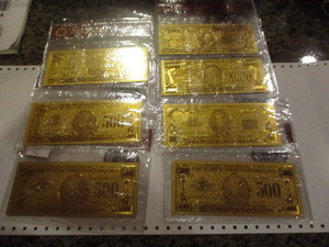 Lot of 7 - 99.9% Pure 24K Carat Gold Foil Banknotes- $500, $1000, $5000 and $10,000 Notes