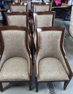 lot 4 image: Set Of 6 Bernhardt Furniture Co. Upholstered Dining Chairs Wood Trim 24 Wide x 41 Tall