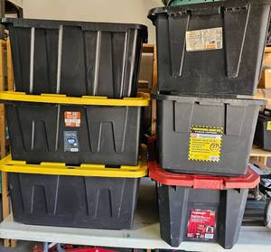 lot 2 image: 6-Assorted 2527 Gallon Husky Totes With 3-Lids