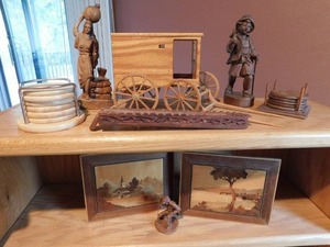 lot 16 image: Collectible Vintage Hand Carved Wood Art Figures Picture German Bavarian Boy, Lady Head-Jug Waterer, Golfer, Covered Wagon
