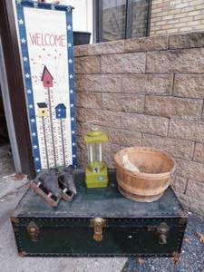 lot 101 image: Vintage DeCor Metal Trunk MCM Lantern Ice Skates Window Bushel Basket  Flag Art...