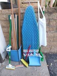 lot 102 image: Household Supplies Cleaners Mops Ironing Board Apron Wood Strips...