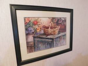 lot 122 image: Home DeCor Print Framed Cherries Basket Flowers...