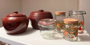 lot 85 image: Household Kitchen MCM Vegetable Glass Canisters Jar, ovenware USA Pottery Covered Bowl Bean Pot