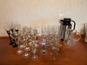 lot 83 image: Household Kitchen Bar Stemware, Carafe, Etched Frosted Grapevine Pitcher