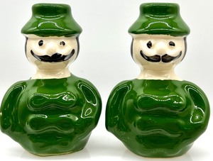 lot 52 image: Vintage MUSTACHE MEN Bud Vases, Peasant Farmer Boy with Birds Figurine and other Green Goodies