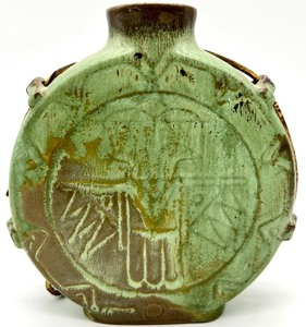 lot 64 image: Vintage Frankoma Pottery - Prairie Green Pitcher & Mayan Aztec Thunderbird Canteen Flask