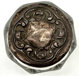 lot 91 image: Vintage ART NOUVEAU Repousse Sterling Silver and Glass Jar