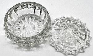 lot 83 image: Pressed Glass Trinket Jar, Metal DAHER Decorated Ware, Art NOUVEAU Brass and Glass Vanity Trinket Jars