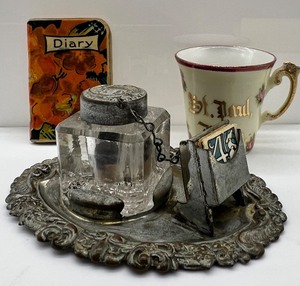 lot 12 image: Vintage Tin Inkwell, Souvenir Cup & Miniature Diary